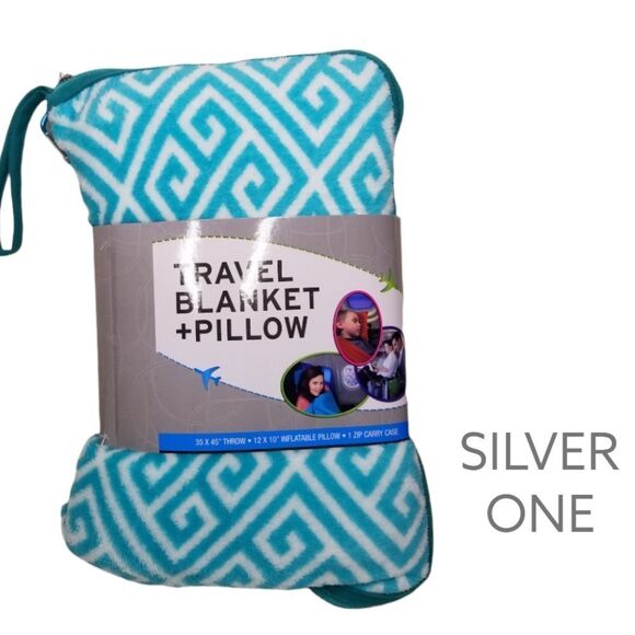SILVER One Travel Blanket And Pillow Set Teal White Geometric Pattern NWT - Picture 6 of 6